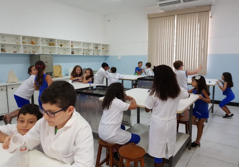 Aula prática no laboratório com as turmas do 4º ano sobre fungos